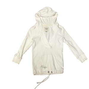 American Eagle White V-Neck Hoodie Back Graphic Drawstring Hem XS